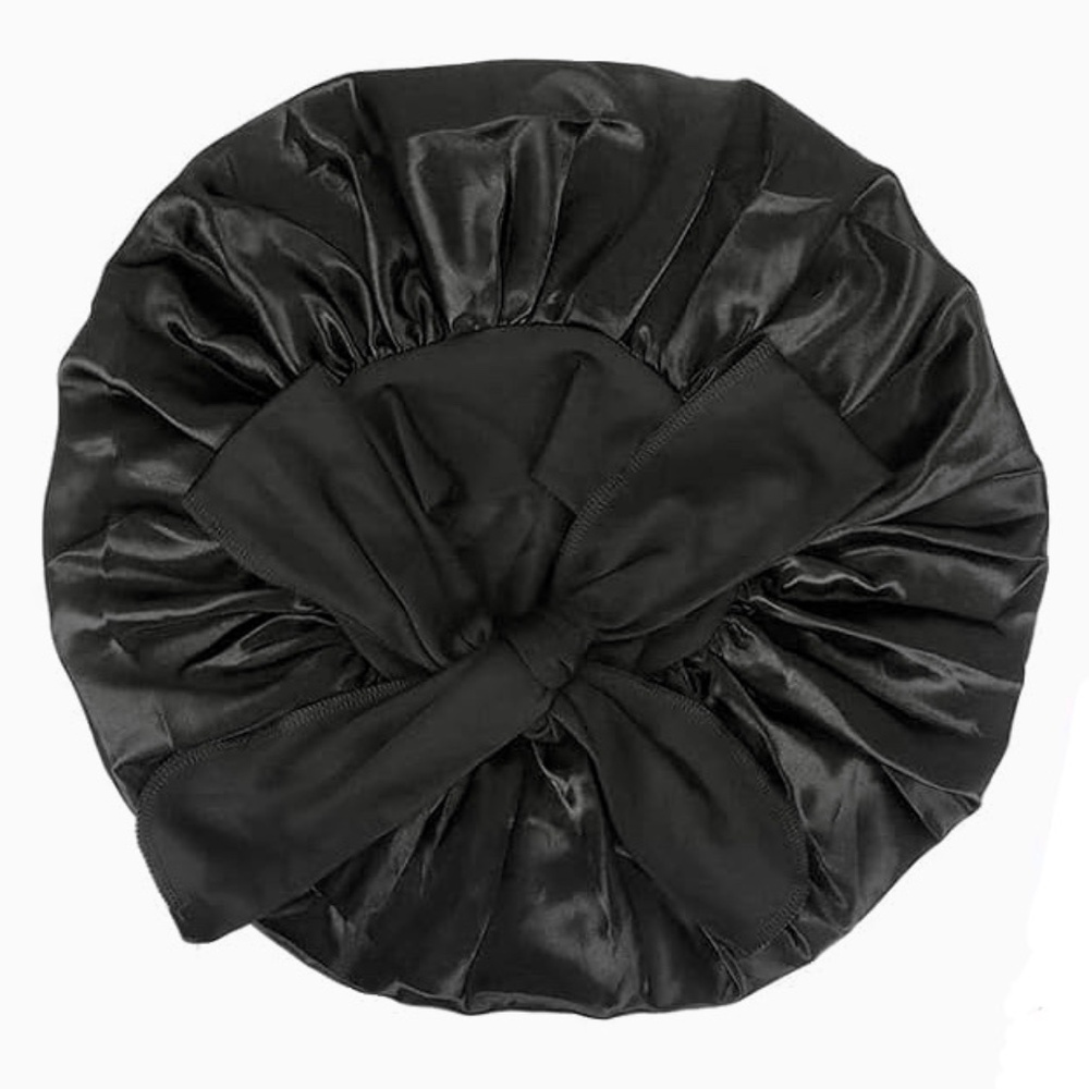 NWOT Large Satin Sleeping / Hair Protector Bonnet with Bow - Black
